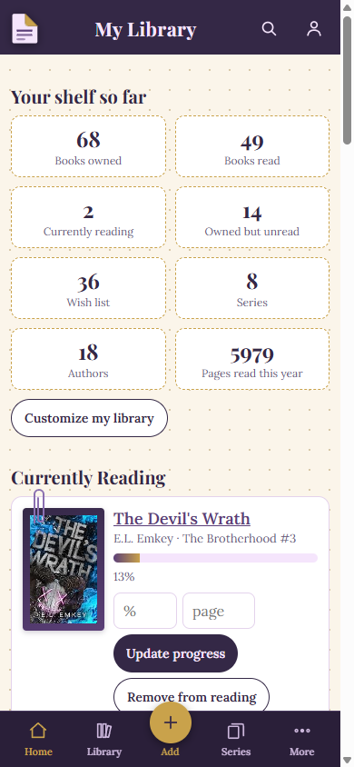 The home screen, showing shelf totals and the book currently being read