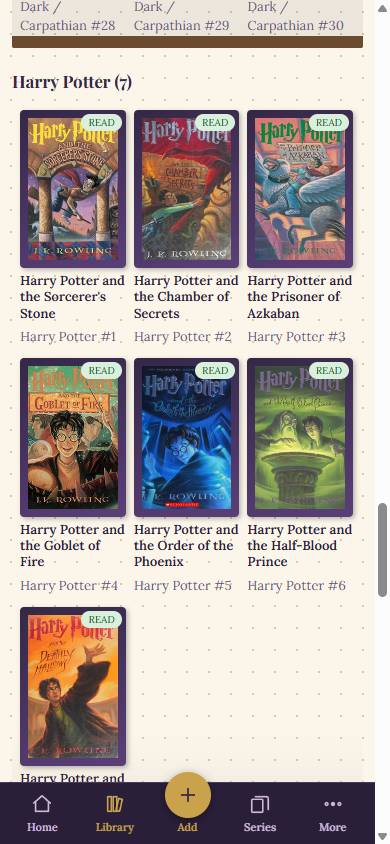 A shelf of book covers with read badges